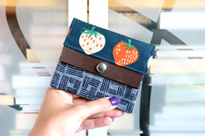 Navy Blue Strawberry Mini Leather Snap Wallet