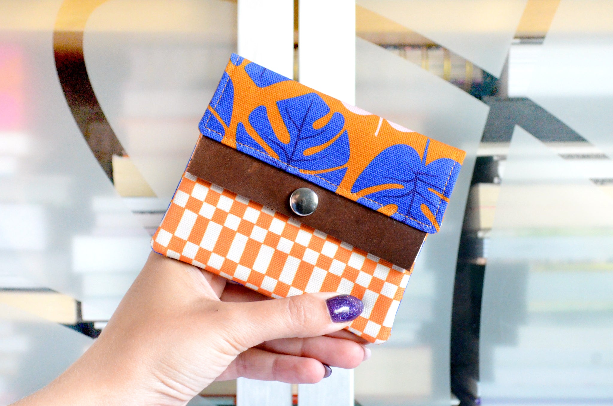 Orange Monstera Mini Leather Snap Wallet