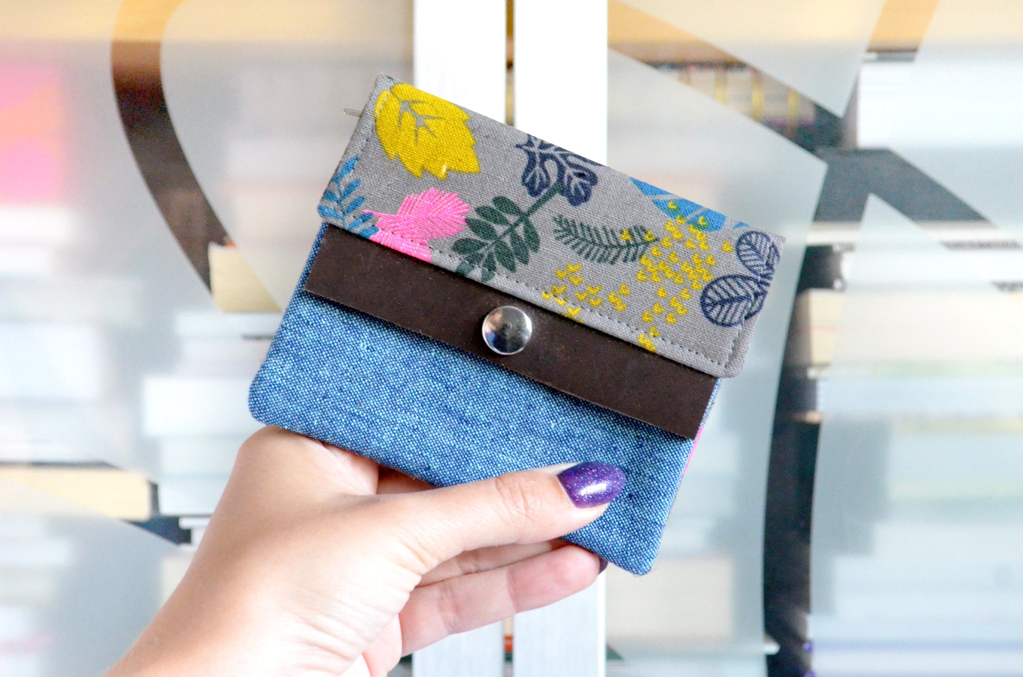 Blue & Grey Tropical Mini Leather Snap Wallet