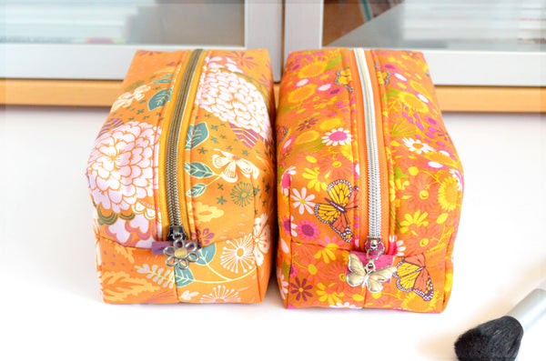 Orange Floral Butterfly Boxy Toiletry Bag