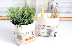 Beige Rifle Paper Co Bon Voyage Stamp Fabric Plant Pot