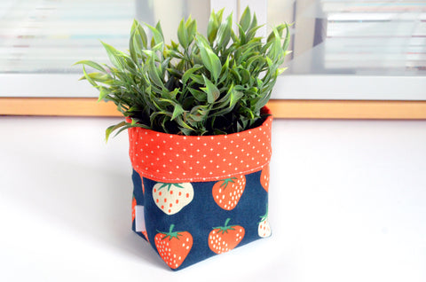 Navy Blue Strawberry Fabric Plant Pot