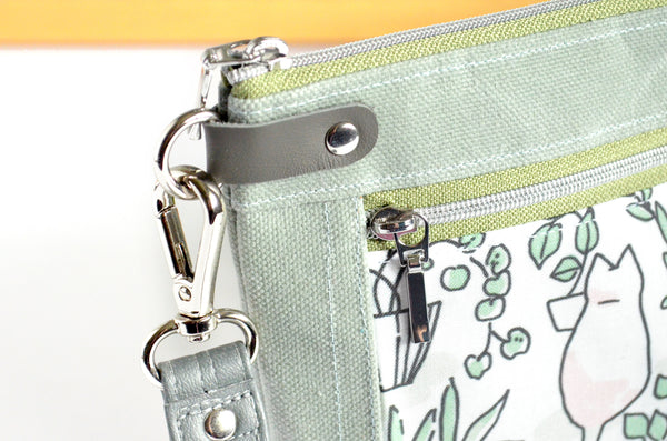 Sage Green Plant Kitties Double-Zip Wristlet