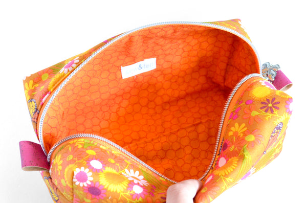 Orange Floral Butterfly Boxy Toiletry Bag