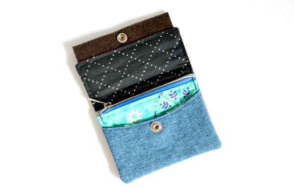 Blue & Grey Tropical Mini Leather Snap Wallet