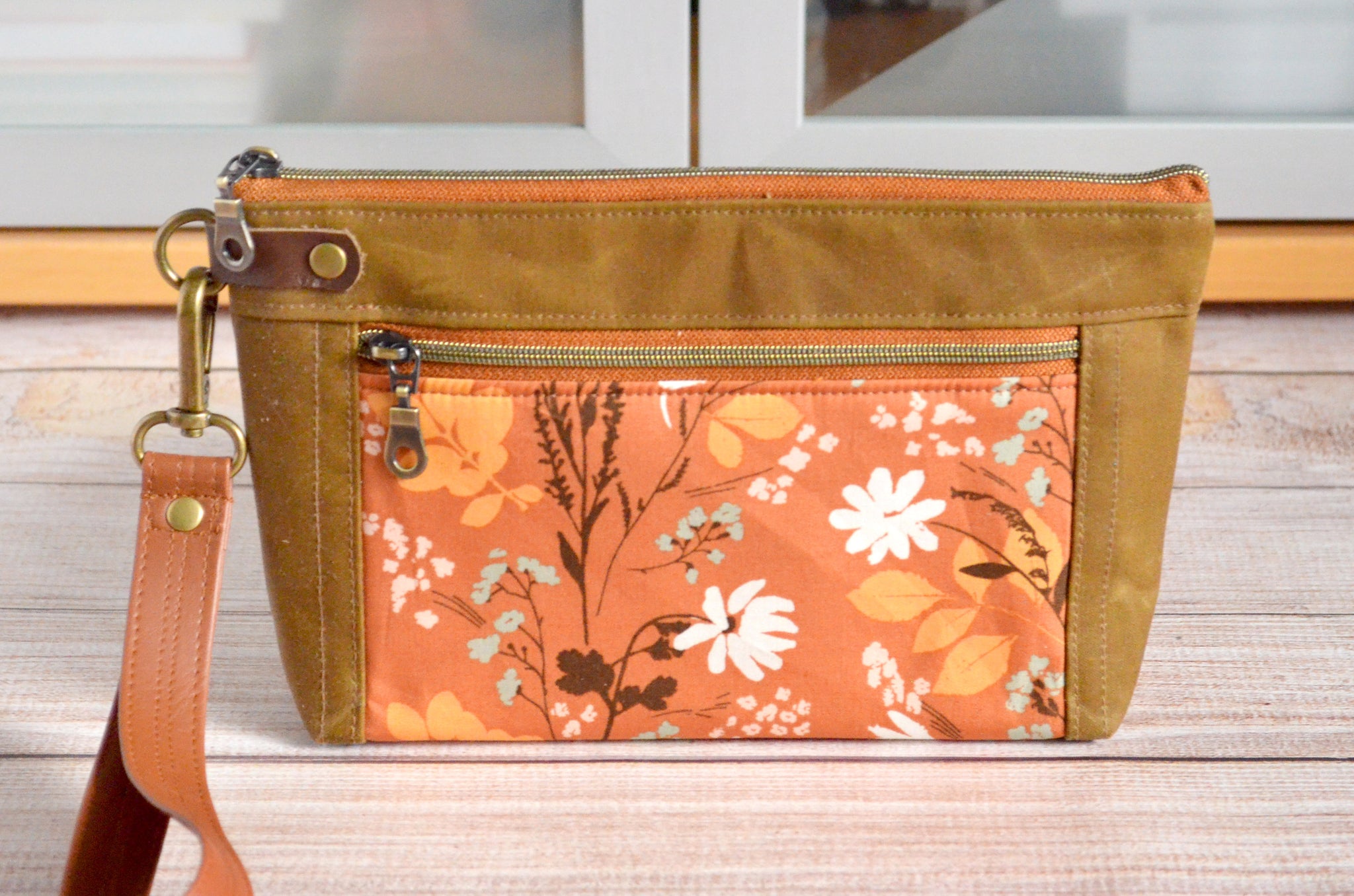 Ochre Floral Double-Zip Wristlet