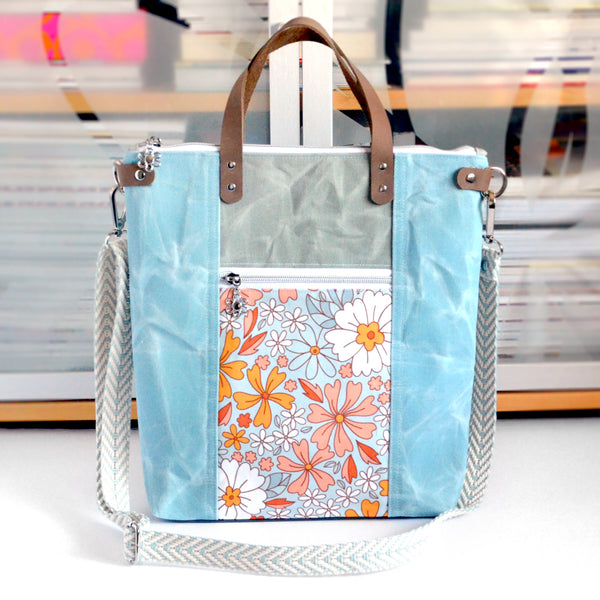 Blue & White Floral Crossbody Tote Bag