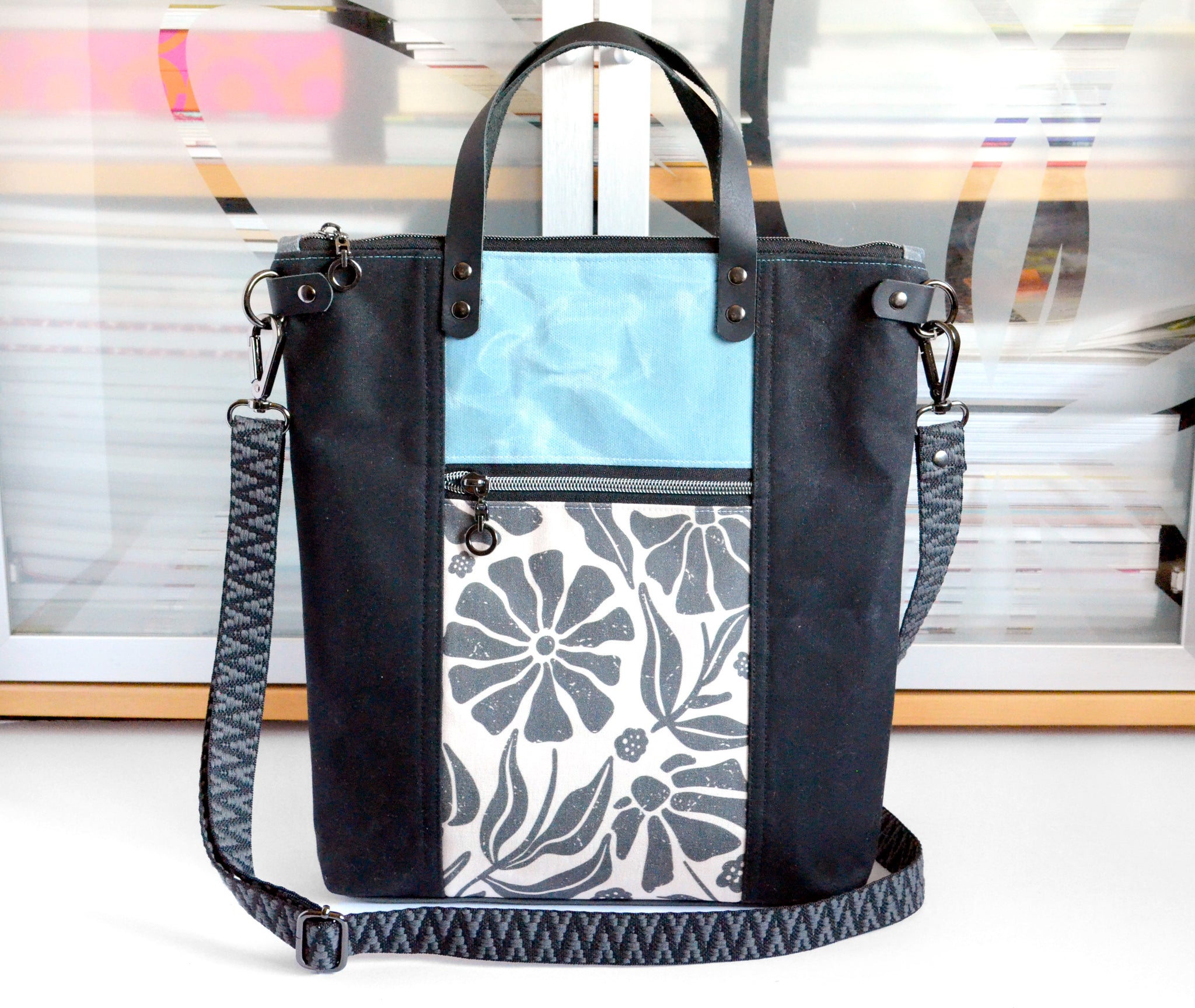 Blue & Black Boho Floral Crossbody Tote Bag