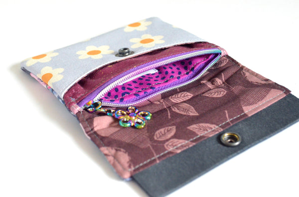 Purple Watercolour Floral Mini Leather Snap Wallet