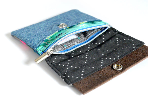 Blue & Grey Tropical Mini Leather Snap Wallet