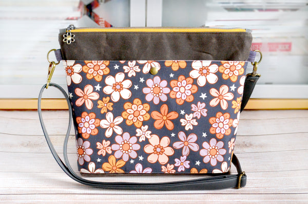 Grey Retro Floral Crossbody Bag