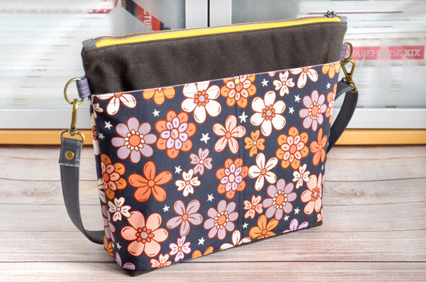 Grey Retro Floral Crossbody Bag