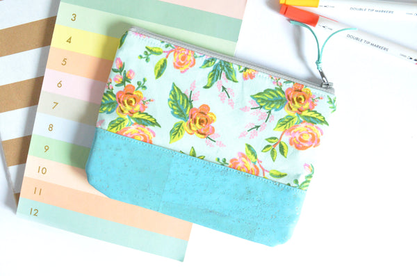 Blue Rifle Paper Co Rose Floral Cork Leather Pouch