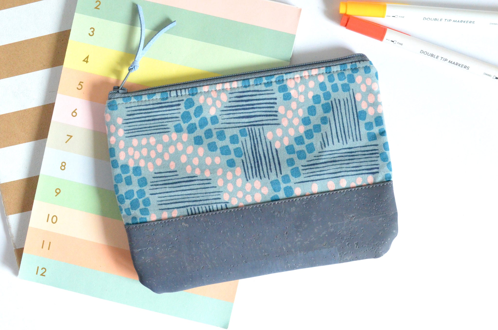 Grey Dots & Stripes Cork Leather Pouch