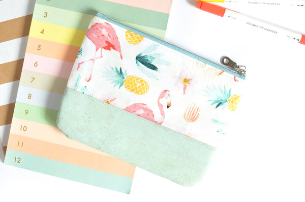 Mint Flamingo Cork Leather Pouch