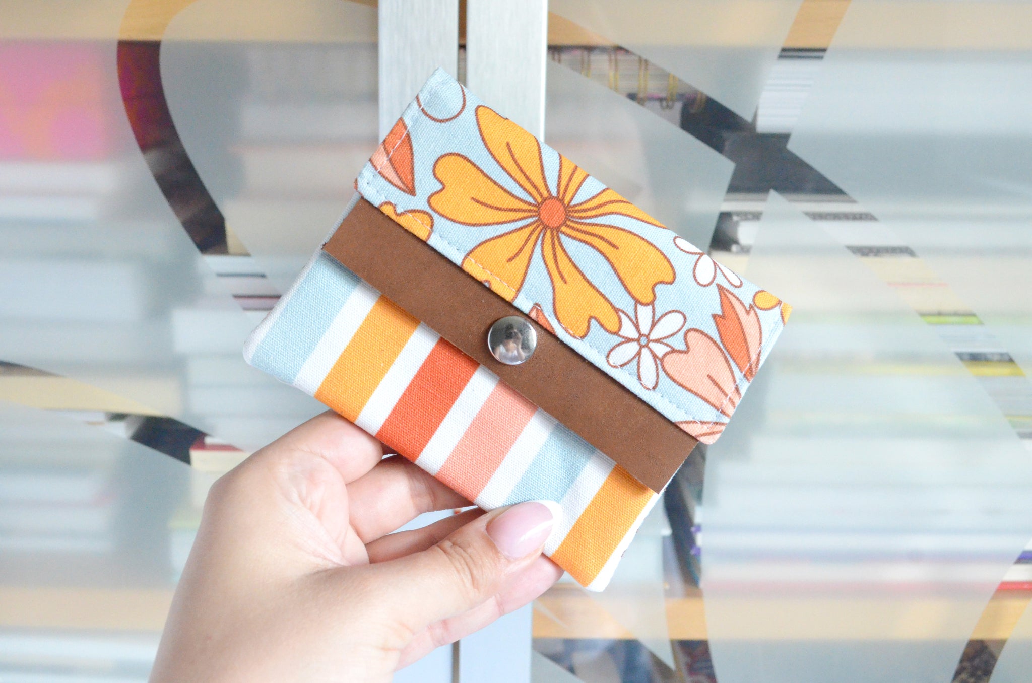 Blue Striped Floral Mini Leather Snap Wallet