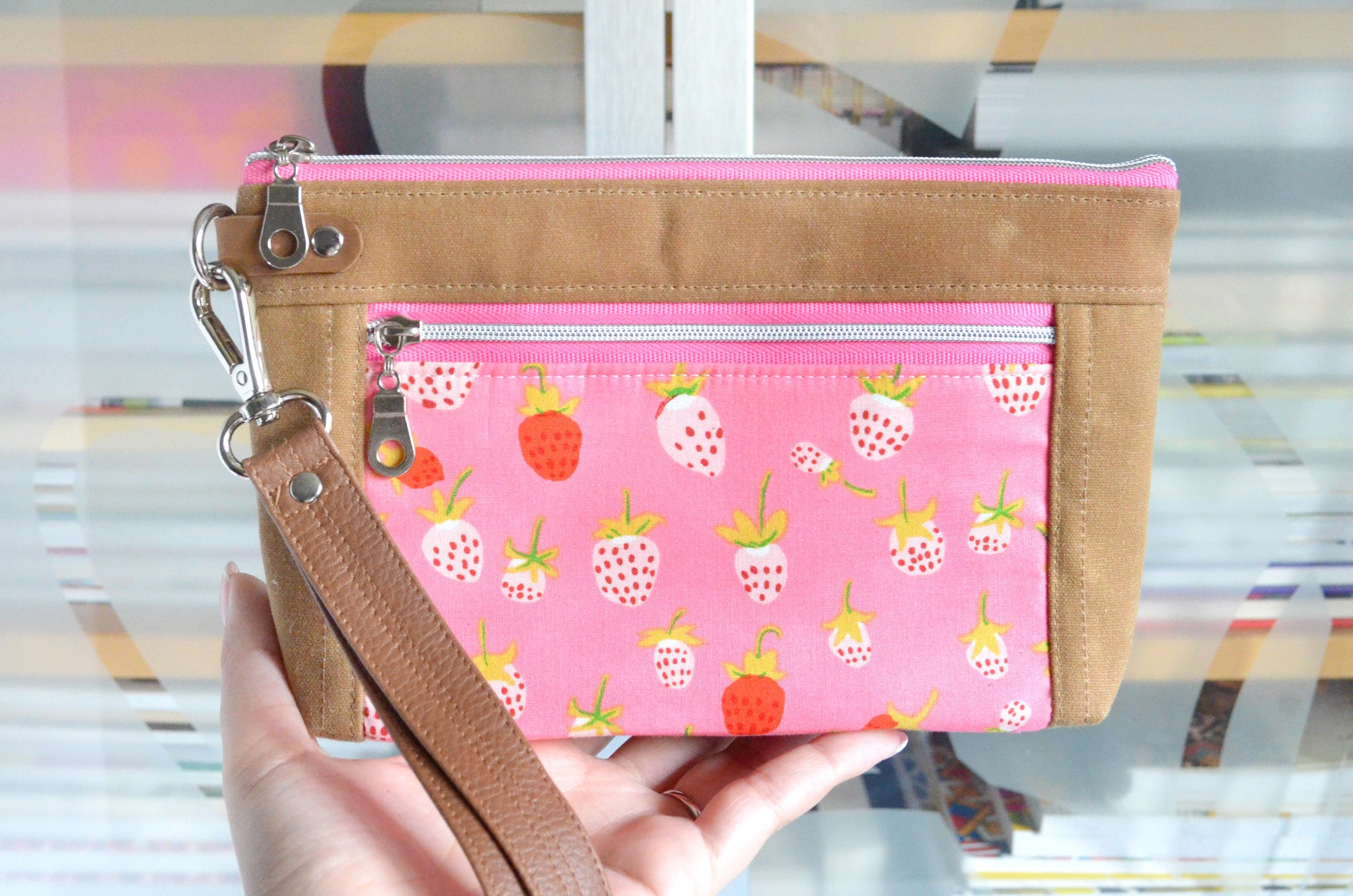 Pink Strawberry Double-Zip Wristlet