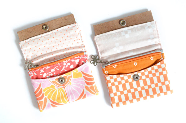 Pink & Orange Retro Floral Mini Leather Snap Wallet