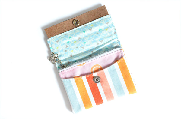 Blue Striped Floral Mini Leather Snap Wallet