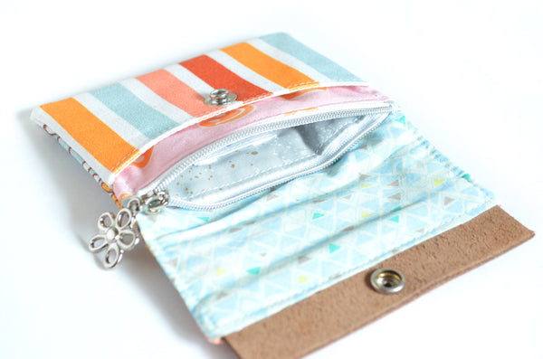 Blue Striped Floral Mini Leather Snap Wallet