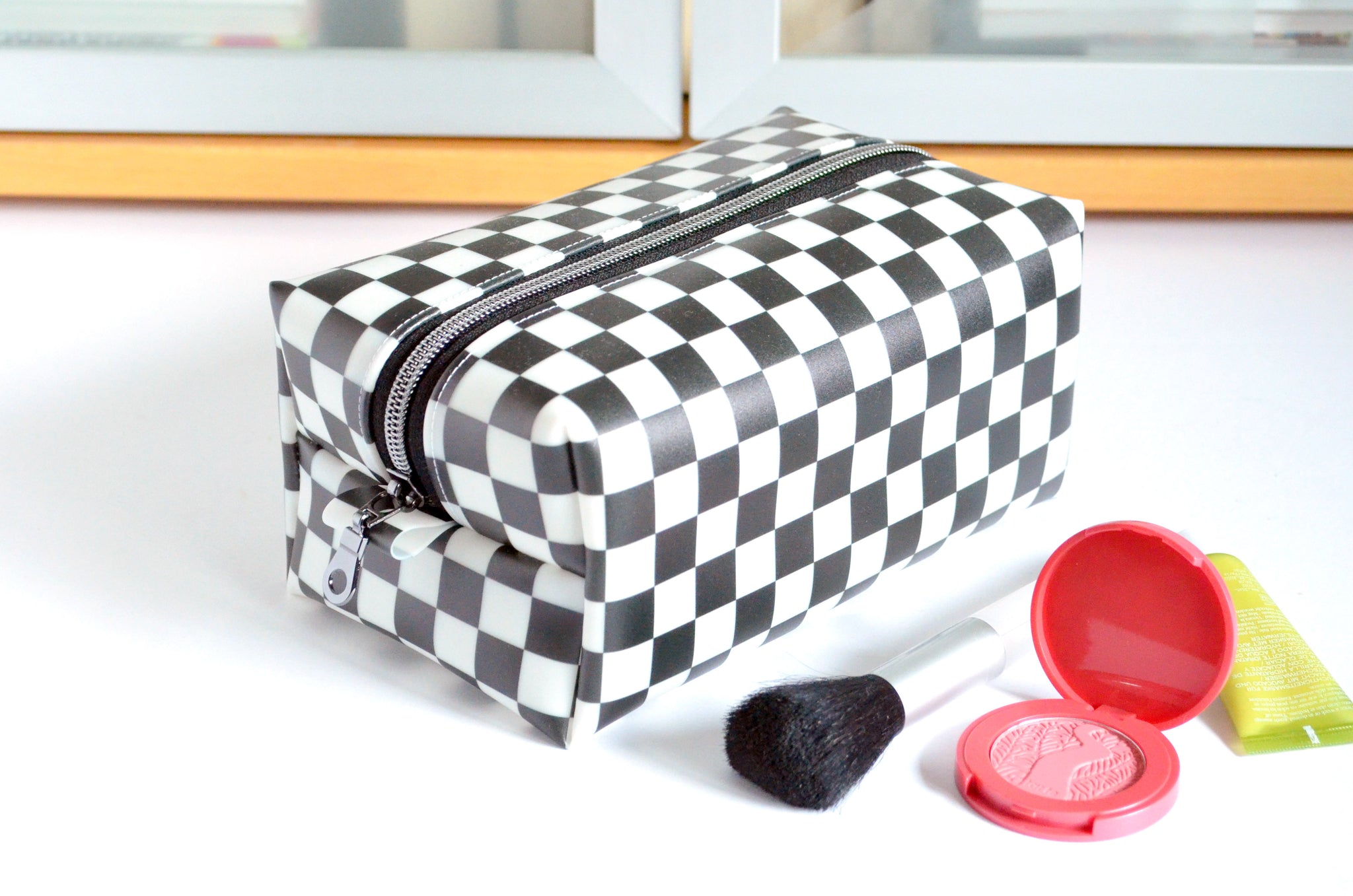 *Jelly Vinyl* Black & White Checker Boxy Toiletry Bag