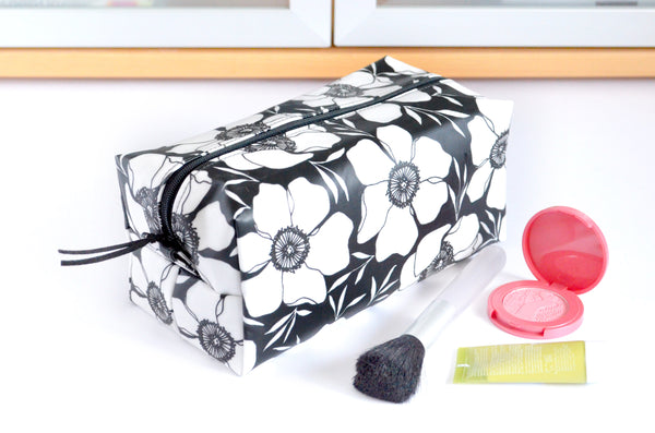 Black & White Floral Laminated Boxy Toiletry Bag