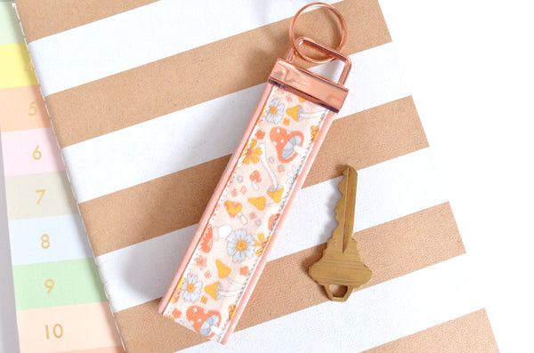 Pink Mushroom Fabric & Cork Leather Keychain