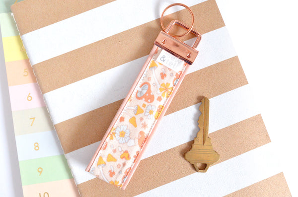 Pink Mushroom Fabric & Cork Leather Keychain