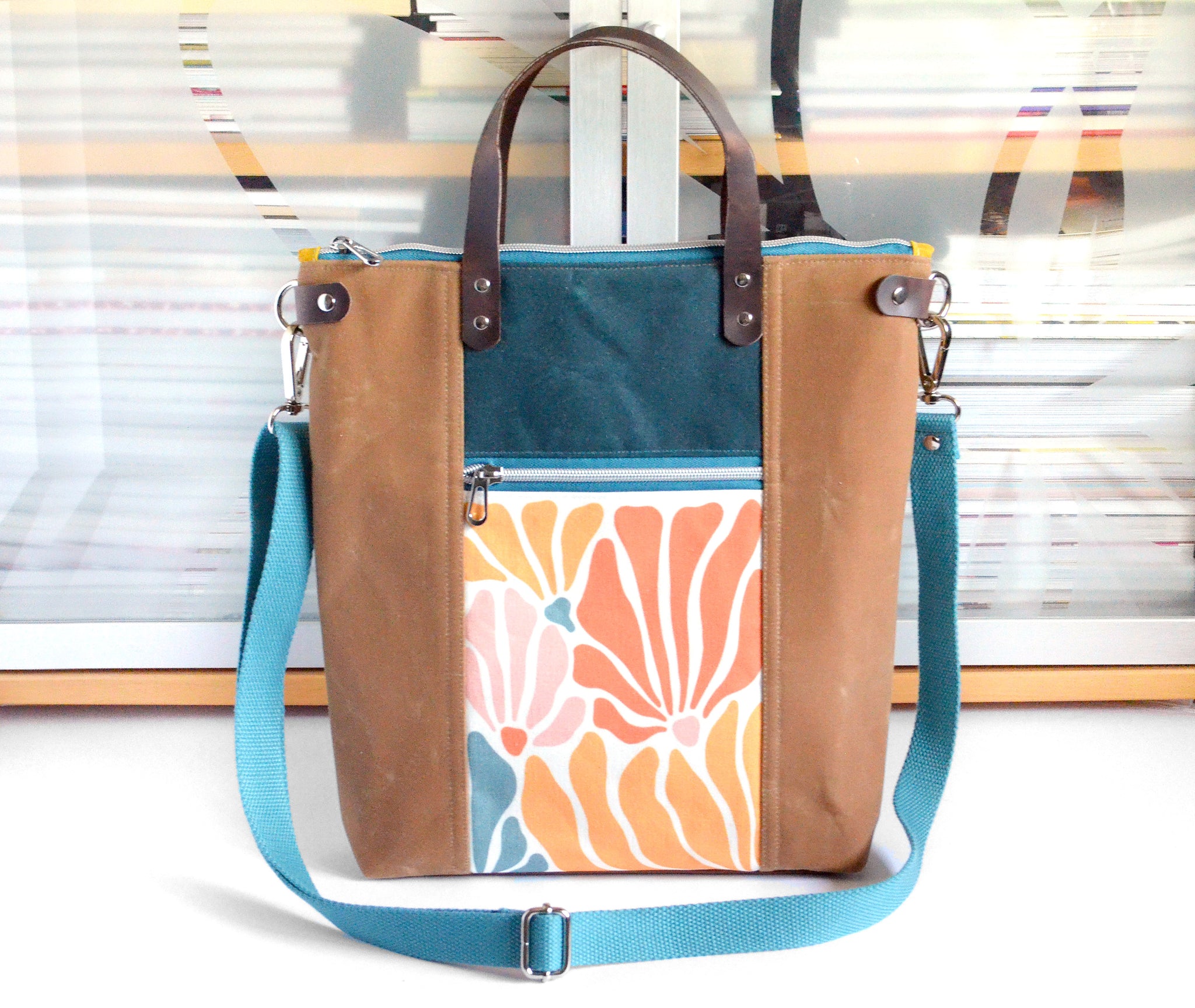 Teal Retro Floral Crossbody Tote Bag