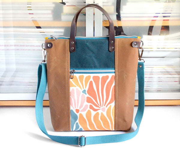 Teal Retro Floral Crossbody Tote Bag