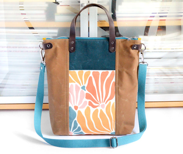 Teal Retro Floral Crossbody Tote Bag