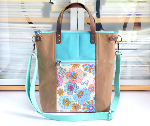 Blue Retro Floral Crossbody Tote Bag