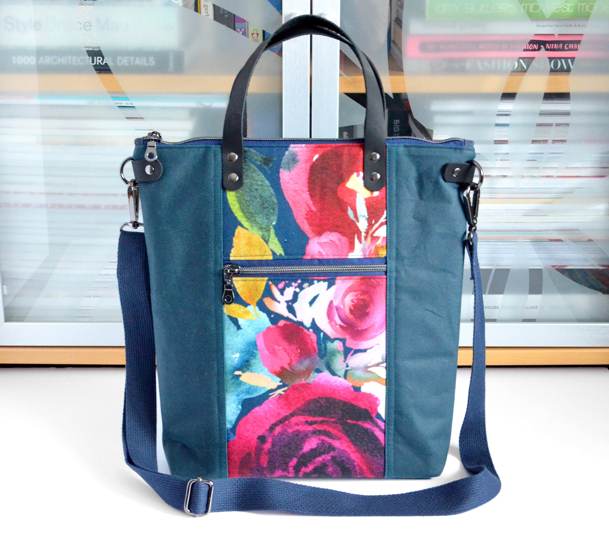 Navy Blue Watercolour Floral Crossbody Tote Bag