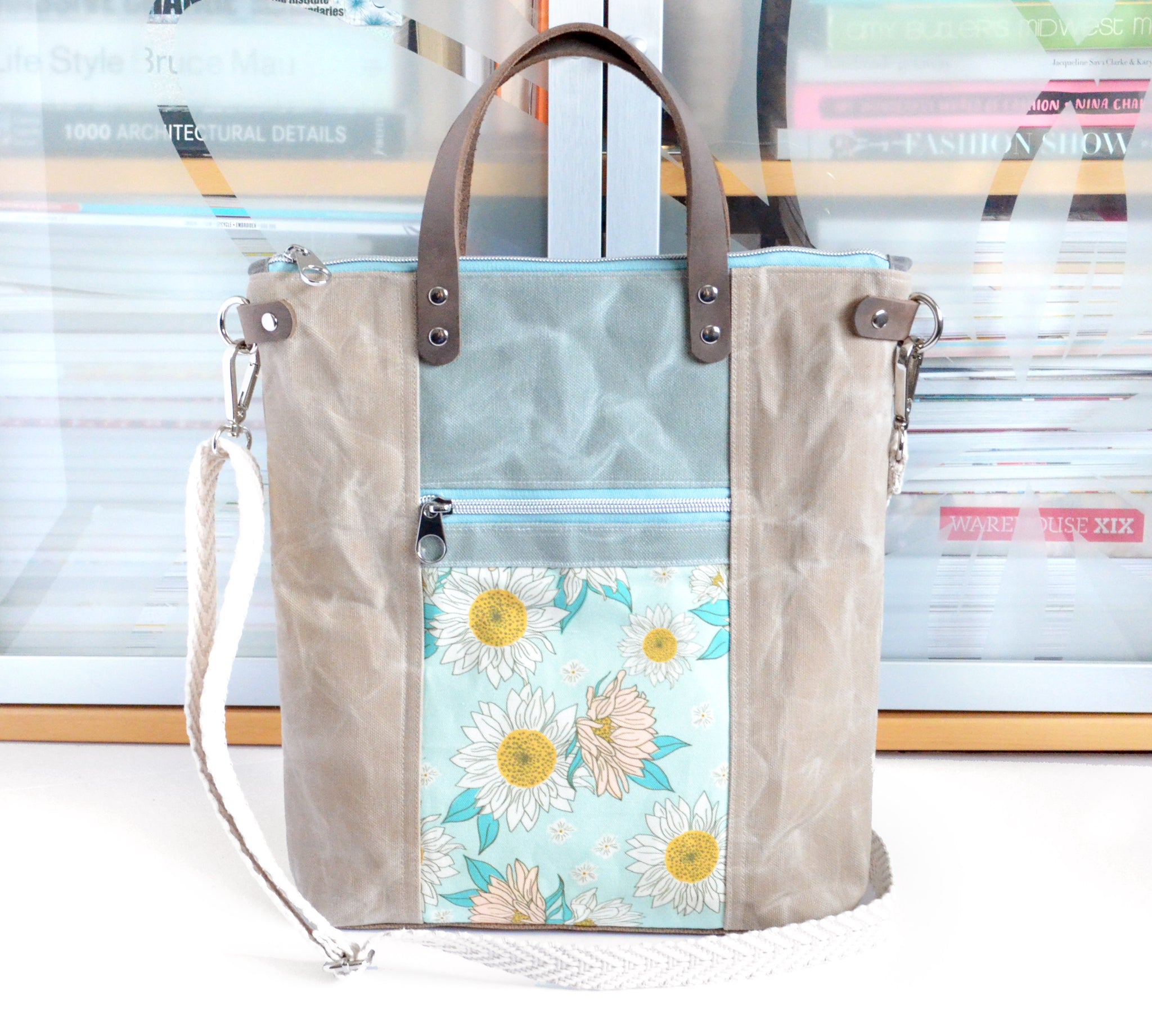 Light Blue & Beige Sunflower Crossbody Tote Bag