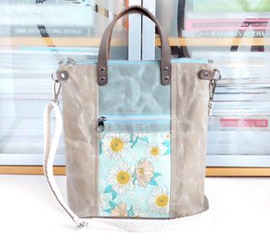 Light Blue & Beige Sunflower Crossbody Tote Bag