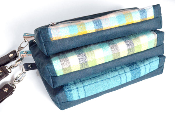 Waxed Cotton Aqua Plaid Double-Zip Wristlet