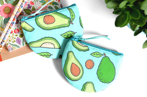 Round Coin Purse - Bright Blue Avocados